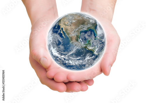 Man holding globe on her hands, South and North America. Elements of this image furnished by NASA
