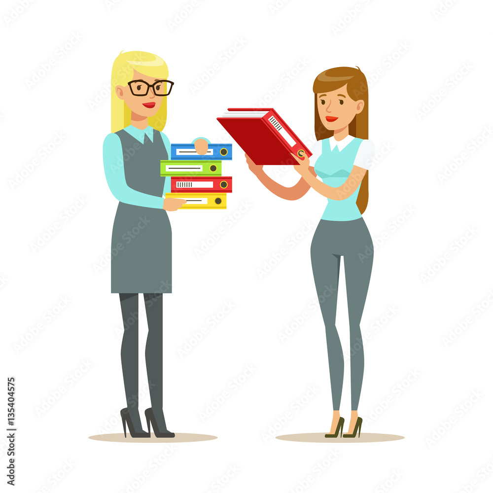 Female Colleagues Sharing The Paperwork, Part Of Office Workers Series Of Cartoon Characters In Official Clothing
