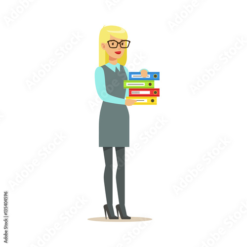 Blond Secretary Holding Pile Of Folders, Part Of Office Workers Series Of Cartoon Characters In Official Clothing