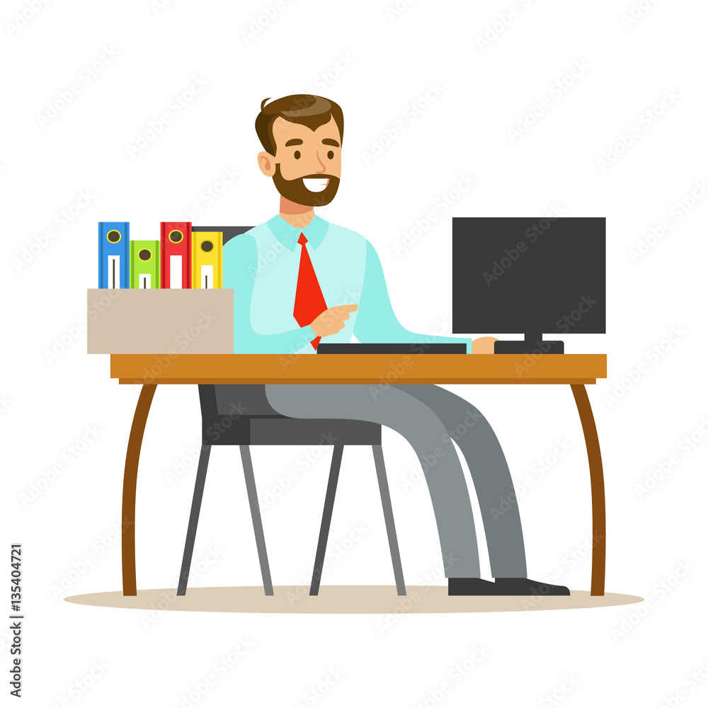 Man Working At His Desk With Computer And Folders, Part Of Office Workers  Series Of Cartoon Characters In Official Clothing Stock Vector | Adobe Stock