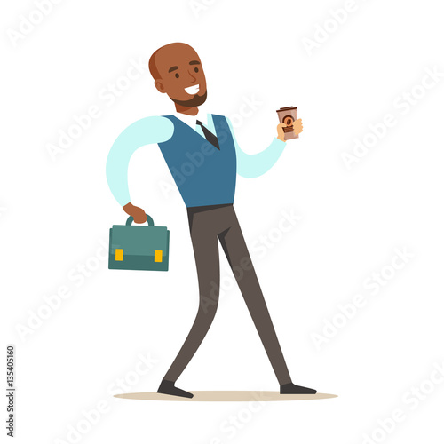 Man With Suitcase And Goffee Cup Going To Work, Part Of Office Workers Series Of Cartoon Characters In Official Clothing photo