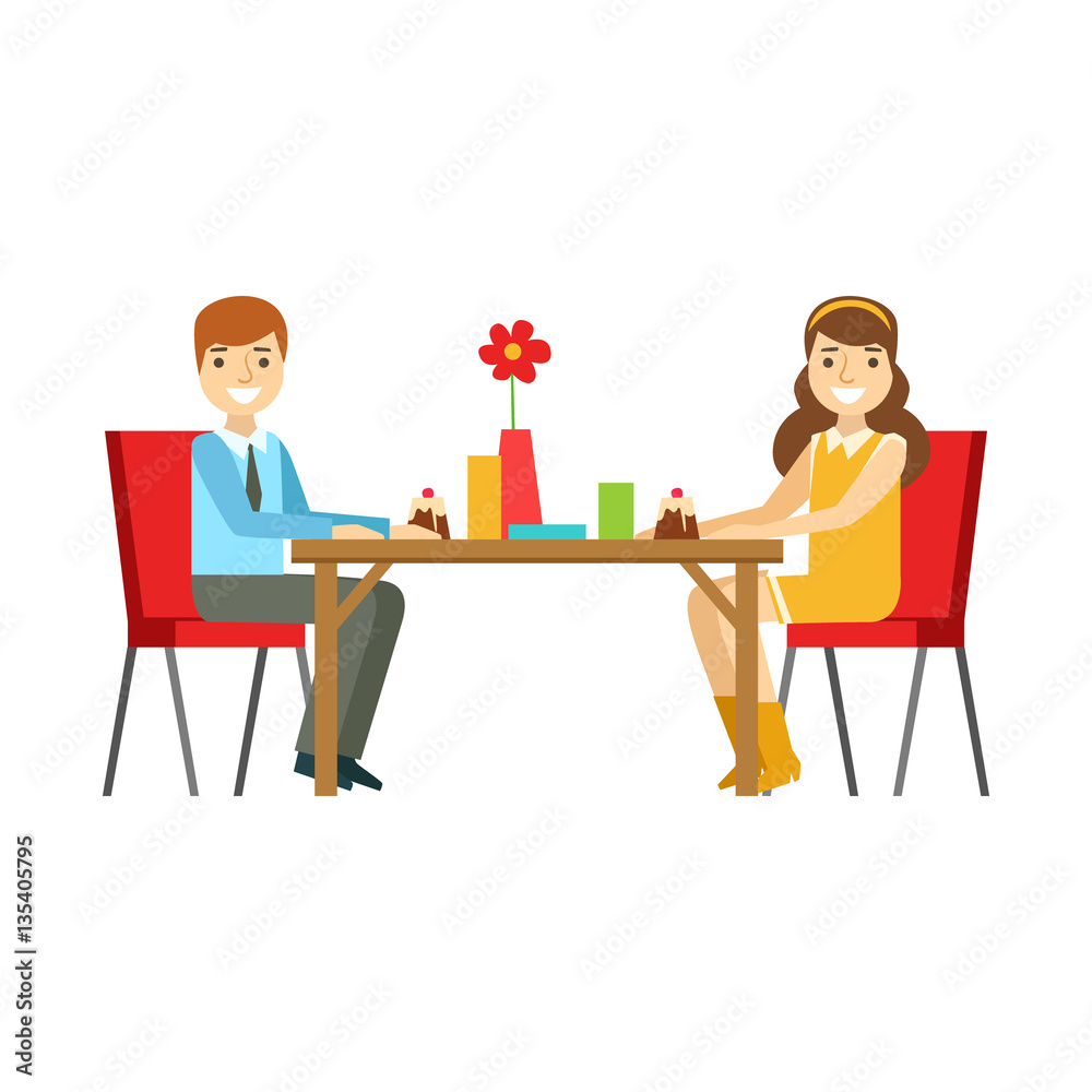 Young Couple On A Date Eating Cakes, Smiling Person Having A Dessert In Sweet Pastry Cafe Vector Illustration