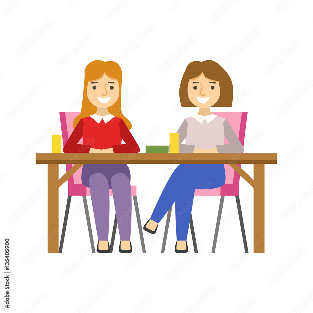 Girlfriends Sitting At The Table, Smiling Person Having A Dessert In Sweet Pastry Cafe Vector Illustration Girlfriends Sitting At The Table, Smiling Person Having A Dessert In Sweet Pastry Cafe Vector Illustration