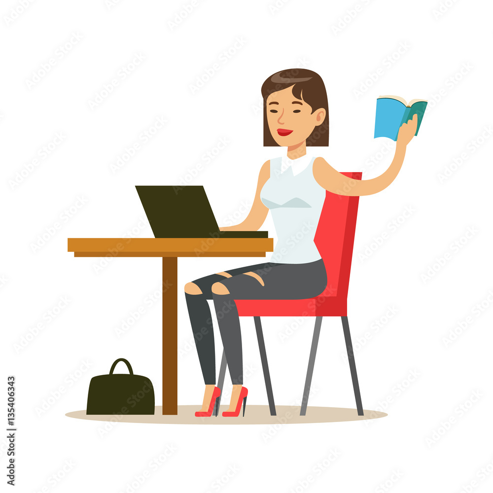 Woman Studying Copying From The Book To Lap Top, Smiling Person In The Library Vector Illustration