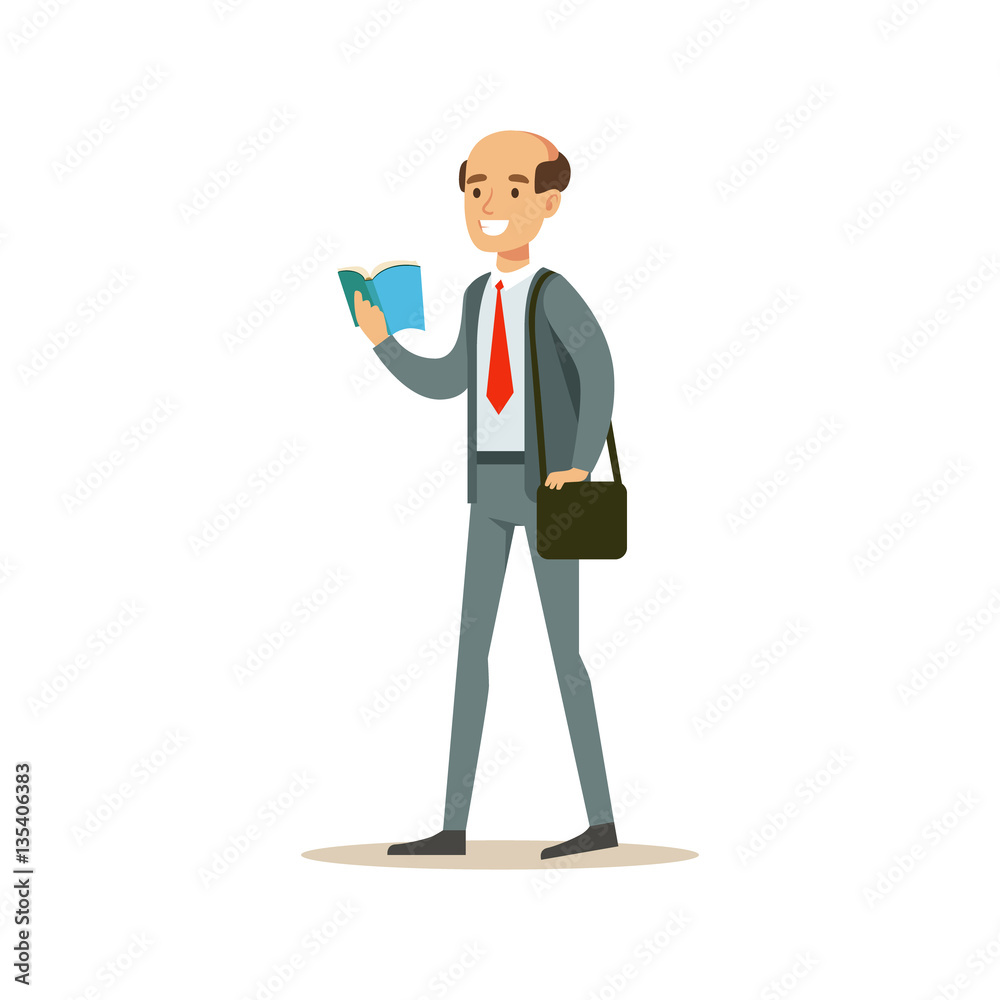 Bold Man Teacher Walking Reading A Book, Smiling Person In The Library Vector Illustration Bold Man Teacher Walking Reading A Book, Smiling Person In The Library Vector Illustration