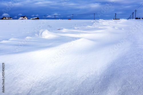 Winter January landscape. Tula region. Huge snowdrifts.