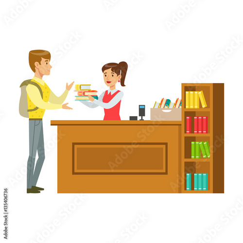 Man Taking The Books Fro The Librarian, Smiling Person In The Library Vector Illustration