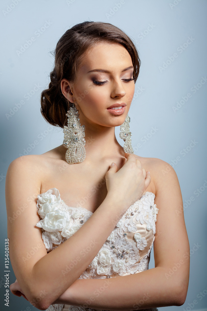 Portrait of beautiful bride. Wedding dress. Young Gentle Quiet Bride