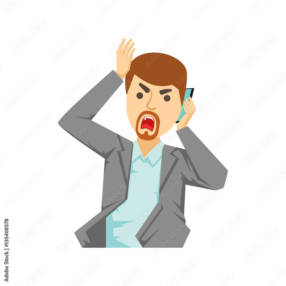 Angry Office Worker Shouting At Smartphone, Part Of People Speaking On The Mobile Phone Series Angry Office Worker Shouting At Smartphone, Part Of People Speaking On The Mobile Phone Series