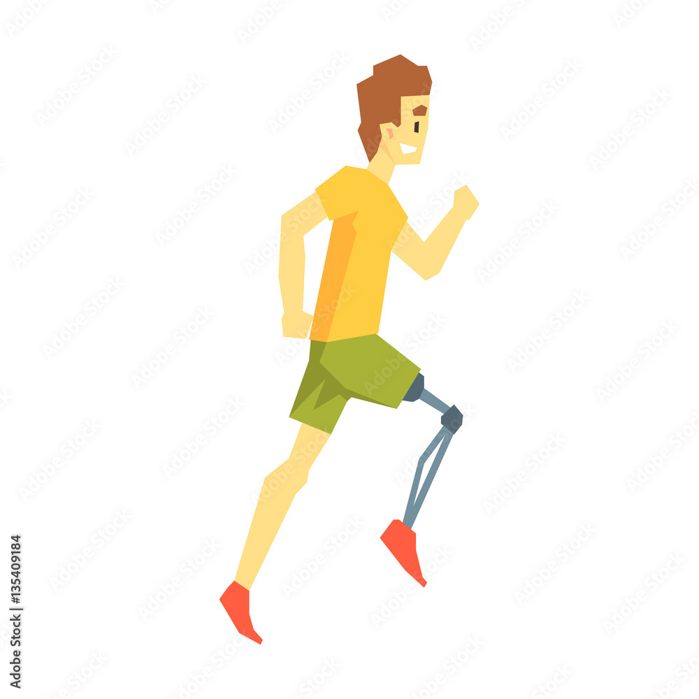 Guy Running With Artificial Leg, Young Person With Disability Overcoming The Injury Living Full Live Vector Illustration
