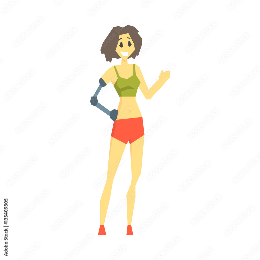 Girl With Prosthetic Arm In Sports Clothes, Young Person With Disability Overcoming The Injury Living Full Live Vector Illustration Girl With Prosthetic Arm In Sports Clothes, Young Person With Disability Overcoming The Injury Living Full Live Vector Illustration