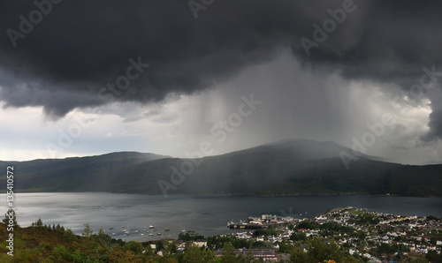 Thunderstorm and rain over Scottish city Ullapool