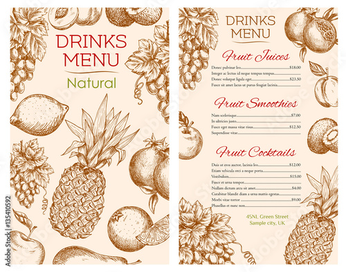 Fruit juice drinks menu of vector sketch fruits