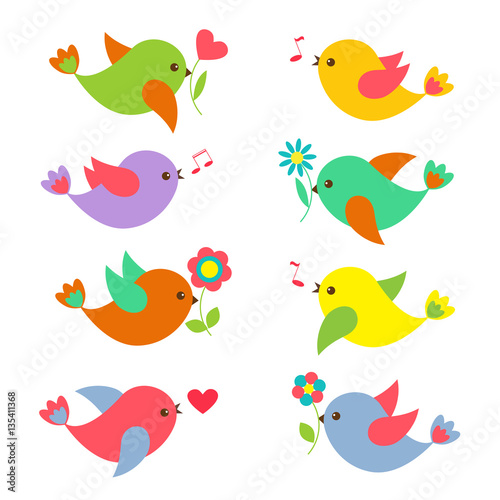 Colorful Springtime birds with flowers