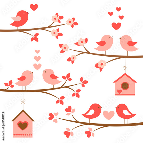 Set of cute birds in love on blooming branches