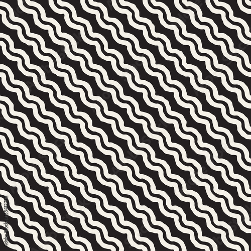 Roughly Drawn Wavy Stripes Stylish Graphic Texture. Vector Seamless Black and White Pattern