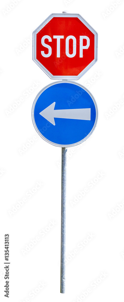 Stop sign and blue sign of a symbol arrow on white Stop sign and blue sign of a symbol arrow on white