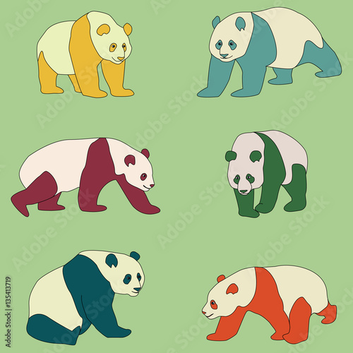 Fototapeta Naklejka Na Ścianę i Meble -  vector drawing of colorful pandas in different poses