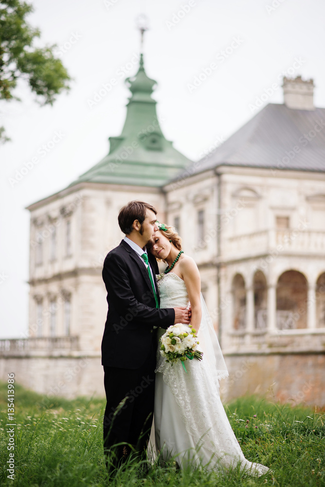 Loving wedding couple at their happy wedding day background old