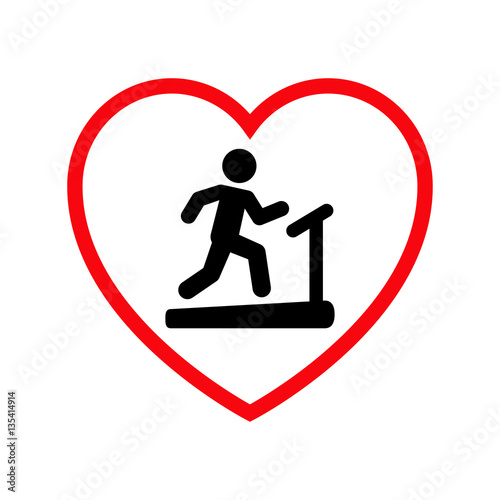 Icono plano cinta ergométrica en corazón rojo en fondo blanco