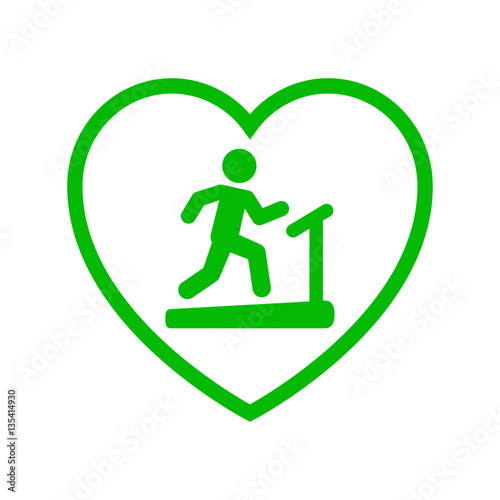 Icono plano cinta ergométrica en corazón verde en fondo blanco