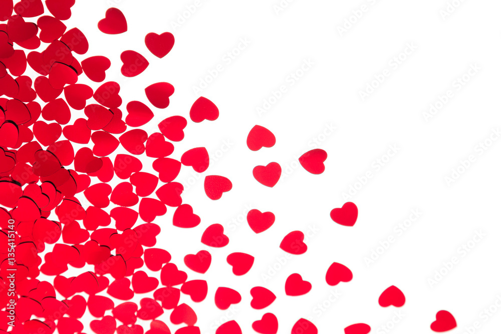 Valentine's day decorative border of red hearts confetti isolated on white background. Festive valentine backdrop. Valentine's day decorative border of red hearts confetti isolated on white background. Festive valentine backdrop.