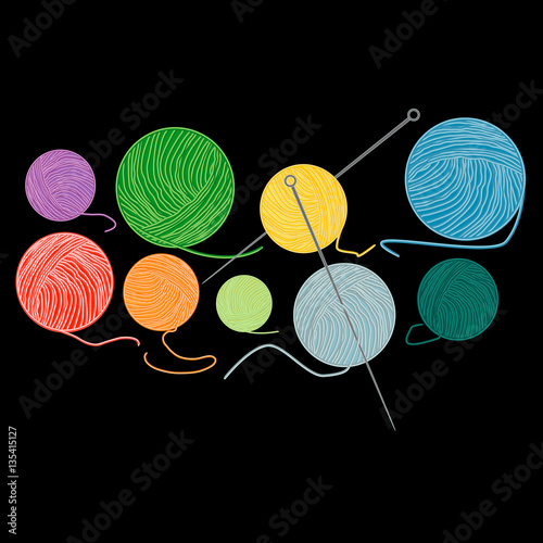 Vector drawing of colorful yarn balls with needles