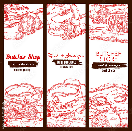Butchery butcher shop meat sausages banners sketch