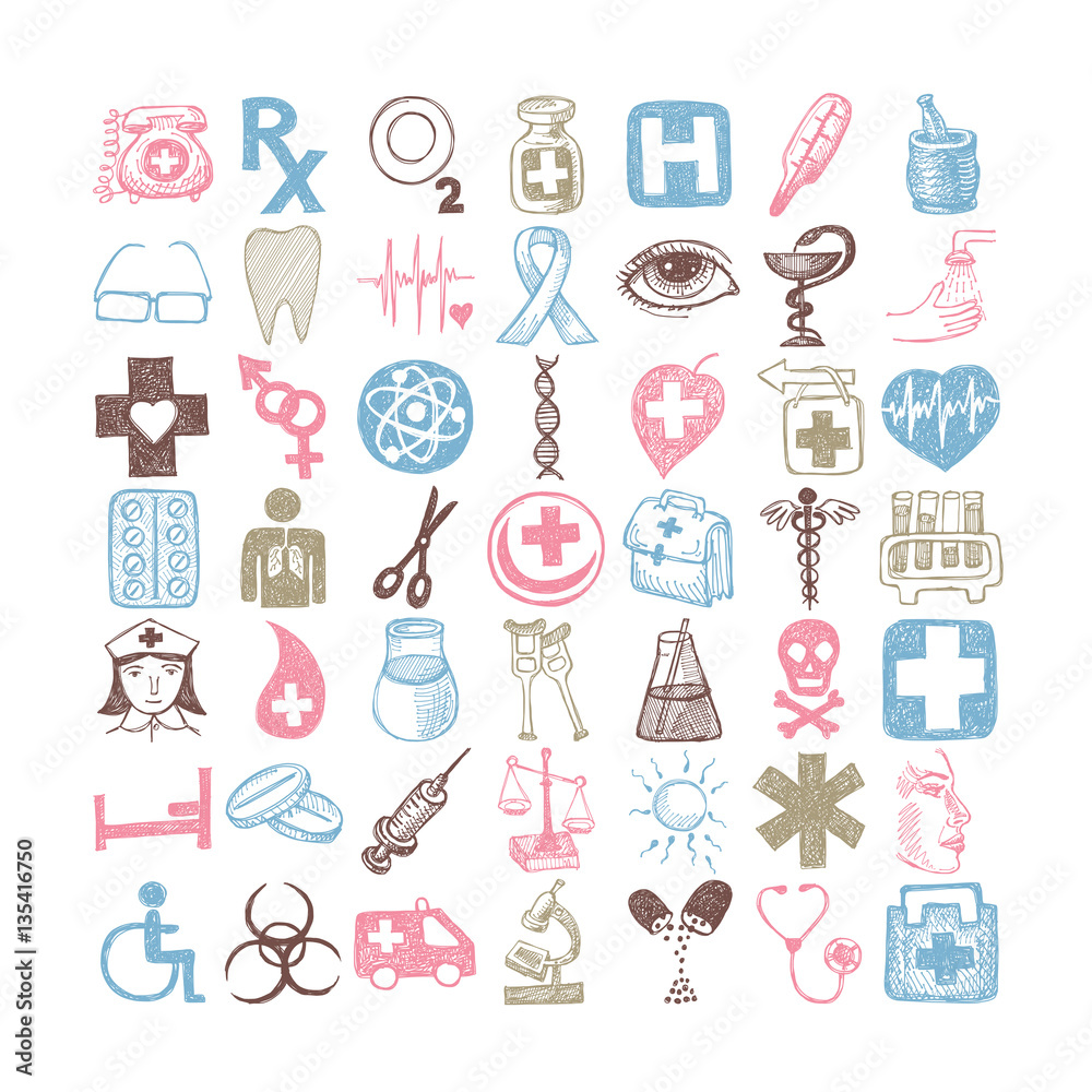 49 hand drawing doodle different icon set medical theme