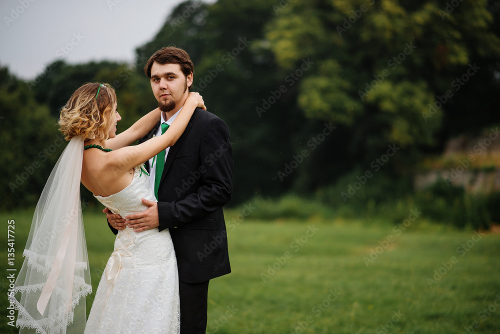Embracing wedding couple in love on cloudy weather outdoor. Embracing wedding couple in love on cloudy weather outdoor.