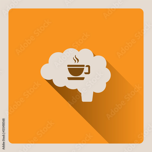 Brain thinking of a cup of coffee illustration on yellow square background with shade
