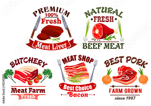 Butchery shop emblems and fresh meat vector icons