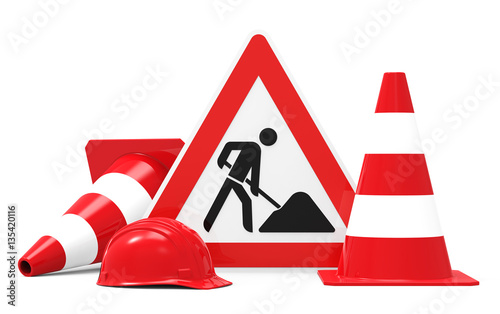 Baustelle, Baustellenschild mit Pylonen und Sicherheitshelm, isoliert auf weiß 3D Rendering