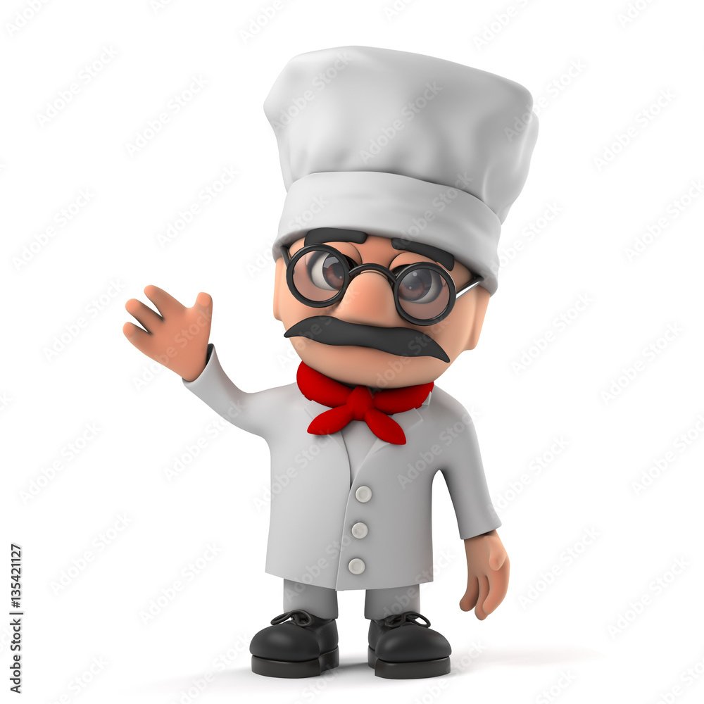 3d Funny Italian pizza chef character waves hello 3d Funny Italian pizza chef character waves hello