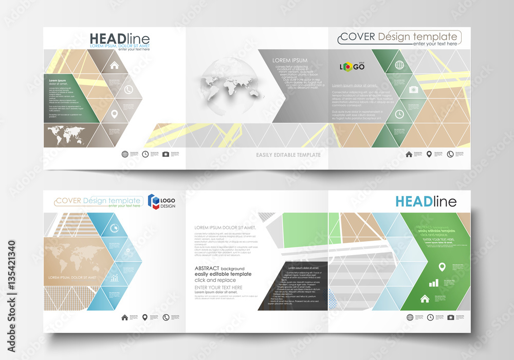 Set of business templates for square tri fold brochures. Leaflet cover, easy editable layout. City map with streets. Flat design template, tourism businesses, abstract vector illustration.