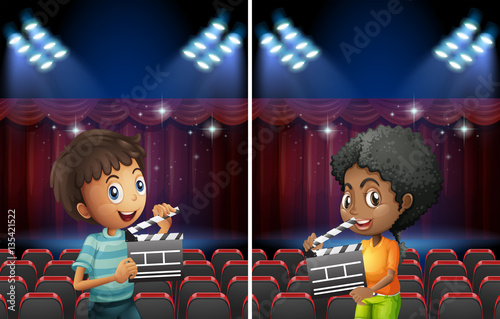 Scene with boy and girl with flapping board in theater