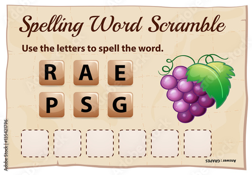 Spelling word scramble game template with word grapes
