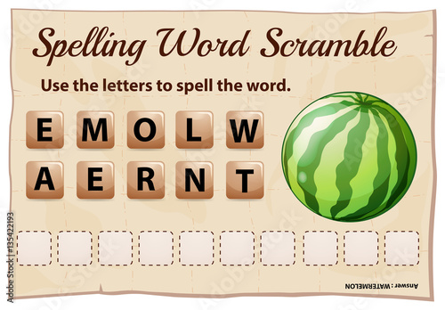 Spelling word scramble game template with word watermelon