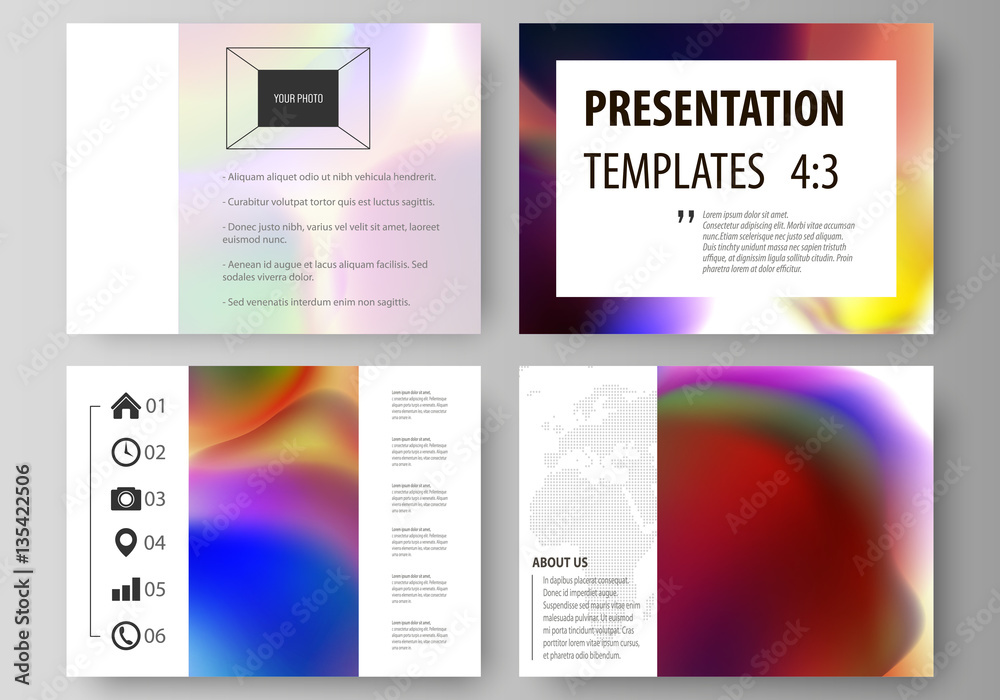 Naklejka premium Set of business templates for presentation slides. Easy editable layouts in flat style, vector illustration. Colorful design background with abstract shapes, bright cell backdrop.