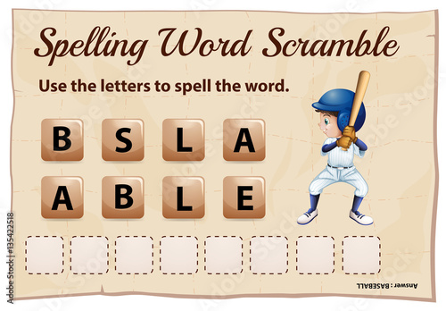 Spelling word scramble game template with word baseball
