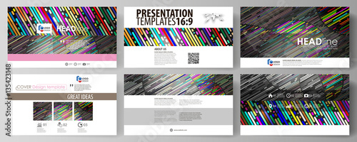 Business templates in HD format for presentation slides. Easy editable vector layouts in flat design. Colorful background made of stripes. Abstract tubes and dots. Glowing multicolored texture.