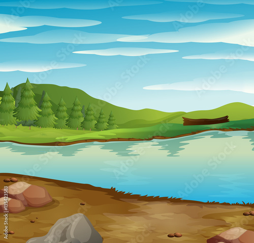 Scene with river flow through the forest