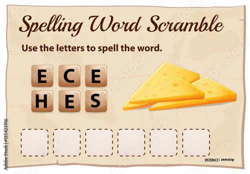 Spelling word scramble game template with word cheese