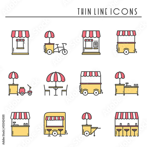 Street food retail thin line icons set. Food truck, kiosk, trolley, wheel market stall, mobile cafe, shop, tent, trade cart. Vector style linear icons. Isolated flat illustration. Symbols. Yellow, red