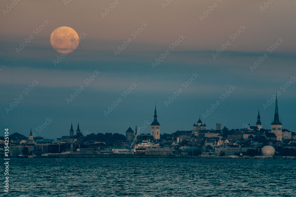 Full moon over Tallinn city, Estonia