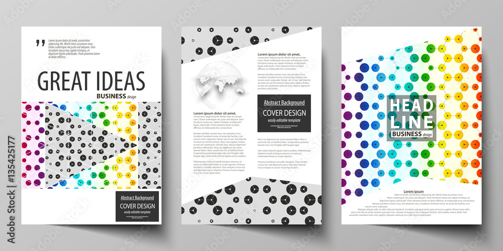 Business templates for brochure, flyer, annual report. Cover template, abstract vector layout in A4 size. Chemistry pattern, hexagonal design molecule structure. Geometric colorful background.