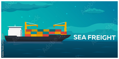 Sea transportation logistic. Sea Freight. Maritime shipping. Merchant Marine. Cargo ship. Vector flat illustration.