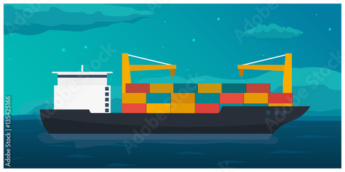 Sea transportation logistic. Sea Freight. Maritime shipping. Merchant Marine. Cargo ship. Vector flat illustration.