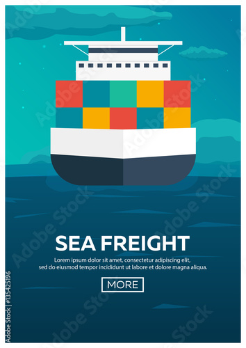 Sea transportation logistic. Sea Freight. Maritime shipping. Merchant Marine. Cargo ship. Vector flat illustration.