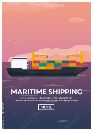 Sea transportation logistic. Sea Freight. Maritime shipping. Merchant Marine. Cargo ship. Vector flat illustration.